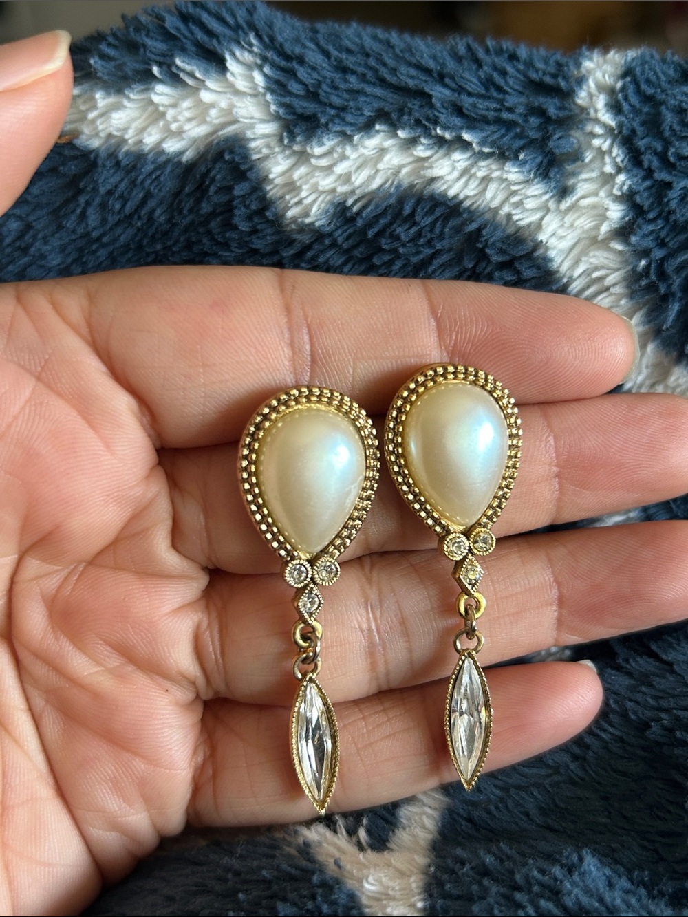 Vintage 1928 Brand GoldTone Rhinestones Faux Pearl 2” Dangle Post Earrings